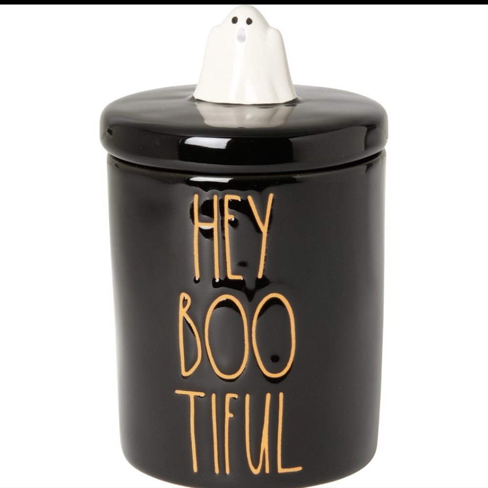 NWT Rae Dunn Hey Bootiful Jar with Ghost Top Halloween canister